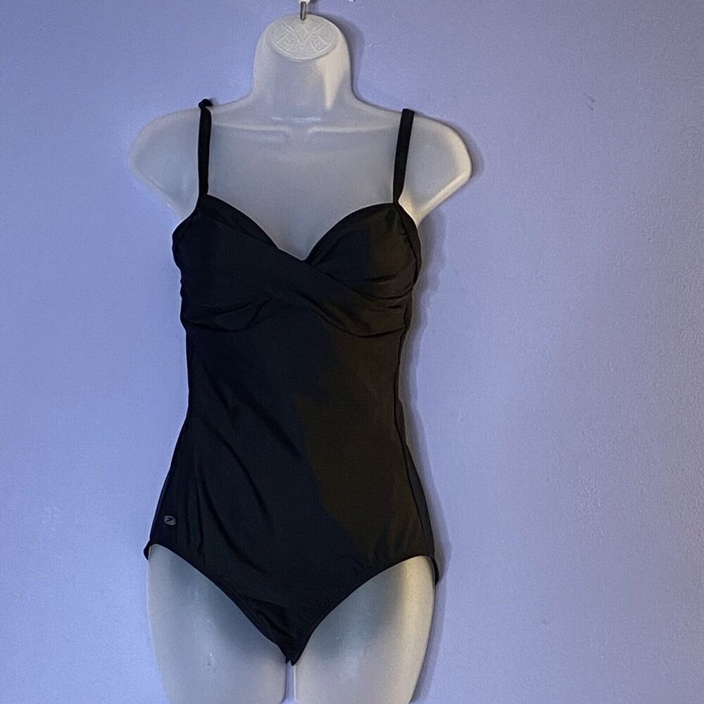 Speedo One Piece Swimsuit Women 8 Black Classic Crossover V‎ Front Pool Beach